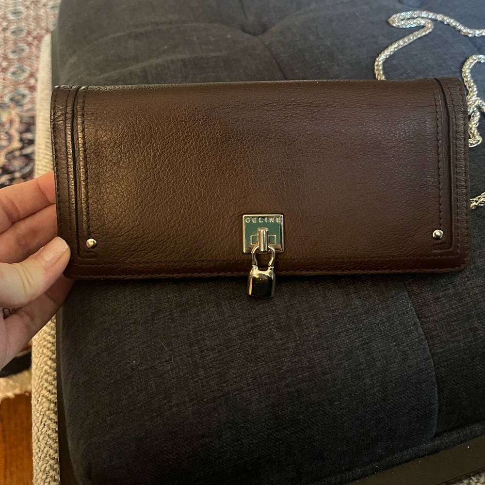 Celine Dark Brown Leather Wallet with Silver Accents